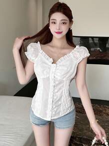 DAZY Áo sơ mi nữ ren Jacquard cổ chữ V tay ngắn cài nút phía trước thường ngày mùa hè - trắng - Xem 3