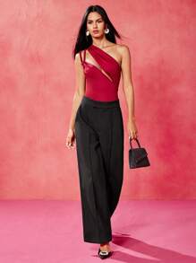 Iridescence Sculpted Designer Burgundy Asymmetric Neck Braided Strap Bodysuit, Festival, Summer,Beach For Women, Concert,Elegant,Vacation, Western Wear,Boho, Gyaru - Burgundy - View 8