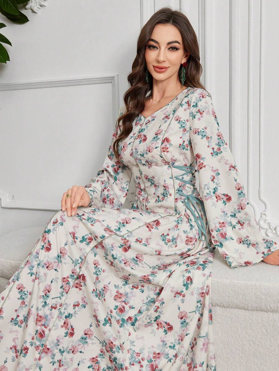 Al Najma Váy dài tay ren in họa tiết hoa toàn thân theo phong cách Ả Rập, váy kaftan maxi chữ A thanh lịch giản dị Jalabiya Ả Rập, dành cho tiệc tối/khách dự tiệc cưới/kỷ niệm - Đỏ - Xem 1