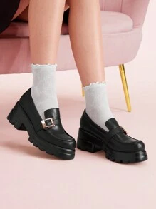 CUCCOO DOLLMOD Women's Outdoor Round Toe Wedge Thick Bottom Button Decorated Black PU Glossy Material Fashion Simple Black Slip-On Flat Shoes