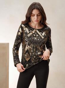 Anewsta Blusa de manga larga con cuello redondo y gráfico de lentejuelas para mujer - Dorado - Ver 5