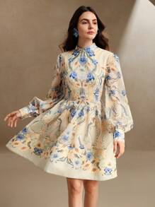 Anewsta 春夏新款女式花卉印花泡泡袖立领短袖波西米亚风花卉连衣裙 - 彩色 - 查看 3