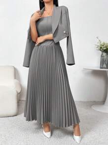 Modelyn 2 件套女士纯色长袖简约衬衫和连衣裙 2 件套 - 灰色 - 查看 3