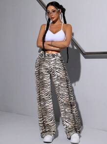 SHEIN ICON Celana Jeans Wanita Pinggang Rendah Motif Zebra dengan Kantong, Model Lurus, Dicuci - MultiWarna - View 3