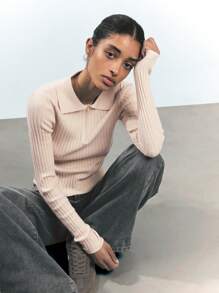 Maija Women's Apricot Knit Collared Zip-Up Top, Versatile Spring Leisure/Business Casual Design, Soft & Comfortable, Pullover Long Sleeve Sweater Old Money - Apricot - View 6