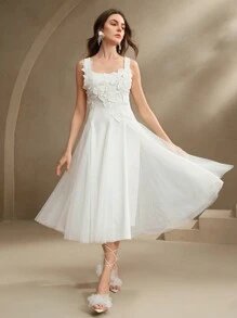 Anewsta 白色长裙，前部有花朵装饰，优雅，适合春季、夏季、约会、节日、派对 - 白色 - 查看 5