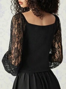 SHEIN MOD Blusa negra de mujer con mangas abullonadas de encaje y cierre a presión, blusas de manga larga, corsés para mujer, atuendos de fiesta para mujeres, camisetas divertidas, camisas de manga larga para mujeres