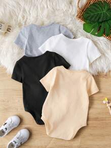 SHEIN 4pcs Baby Boy/Girl Knitted Soft Crew Neck Short Sleeve Bodysuit Sets