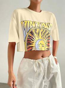 SHEIN EZwear 女士圆领短袖印花休闲衬衫，日常穿着