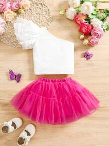 SHEIN 女婴荷叶边不对称肩上衣和迷你裙 2 件套，可爱优雅的夏季服装