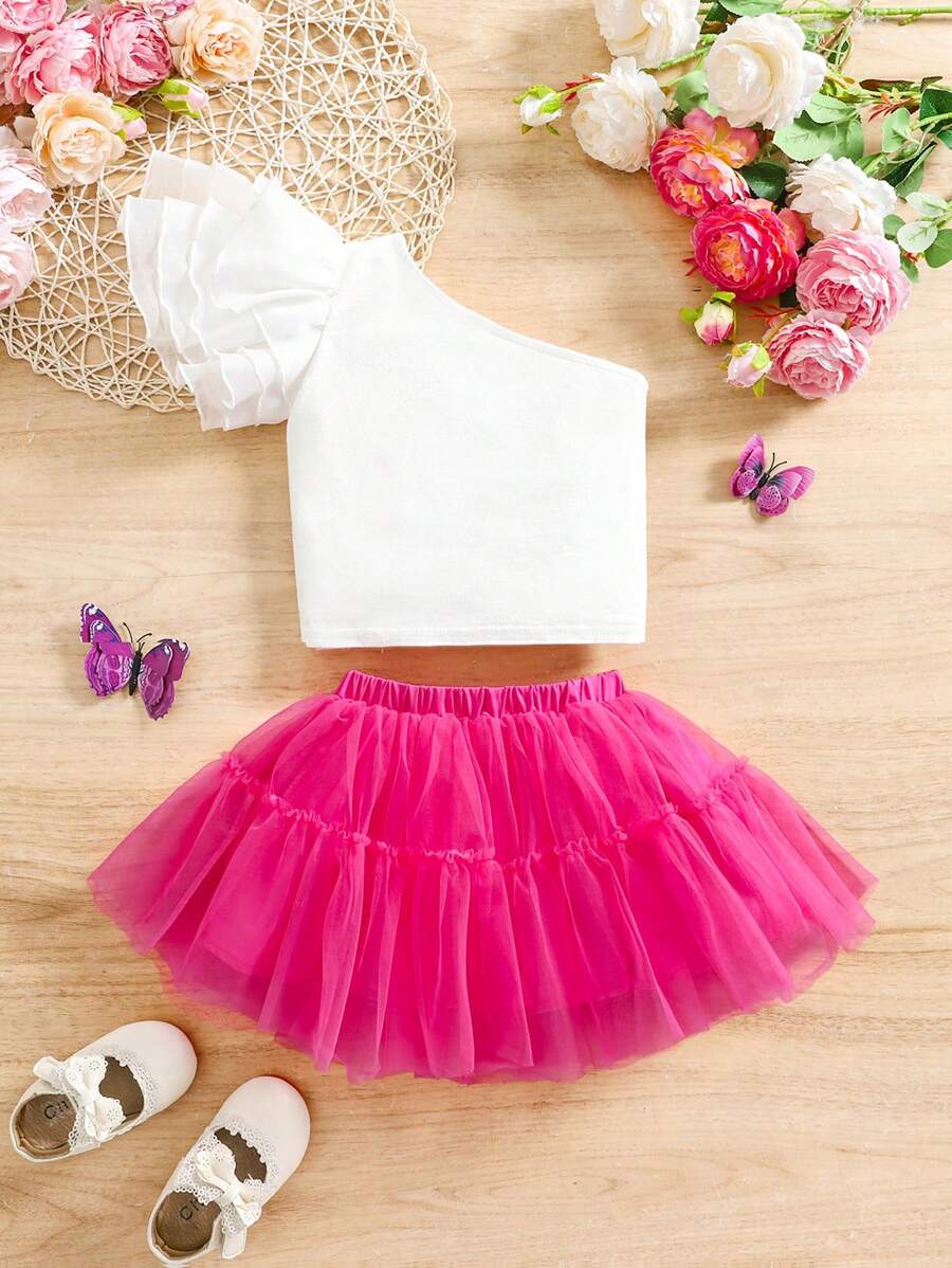 SHEIN 女婴荷叶边不对称肩上衣和迷你裙 2 件套，可爱优雅的夏季服装