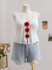 Soleia Plus Size Women's Holiday Style Red 3D Rose Decor Front Hollow Out Black Knit Tank Top - White - View 1