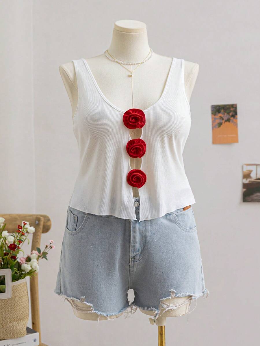 Soleia Plus Size Women's Holiday Style Red 3D Rose Decor Front Hollow Out Black Knit Tank Top - White - View 1