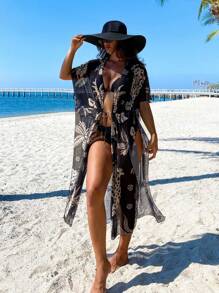 Swim Vcay 女士海滩度假装豹纹棕榈树图案中袖、褶皱腰、透明网眼罩衫超长泳衣连衣裙