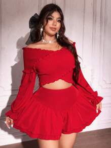 SHEIN Unity 2pcs/Set Plus Size Women Off Shoulder Solid Top And Skort Set,Valentine - Red - View 1