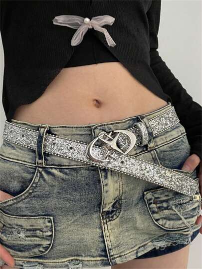 Grunge Punk 1 pezzo Gonna di jeans con cintura in vita decorata con mezzaluna e stelle doppie in paillettes, cintura e versatile per vita