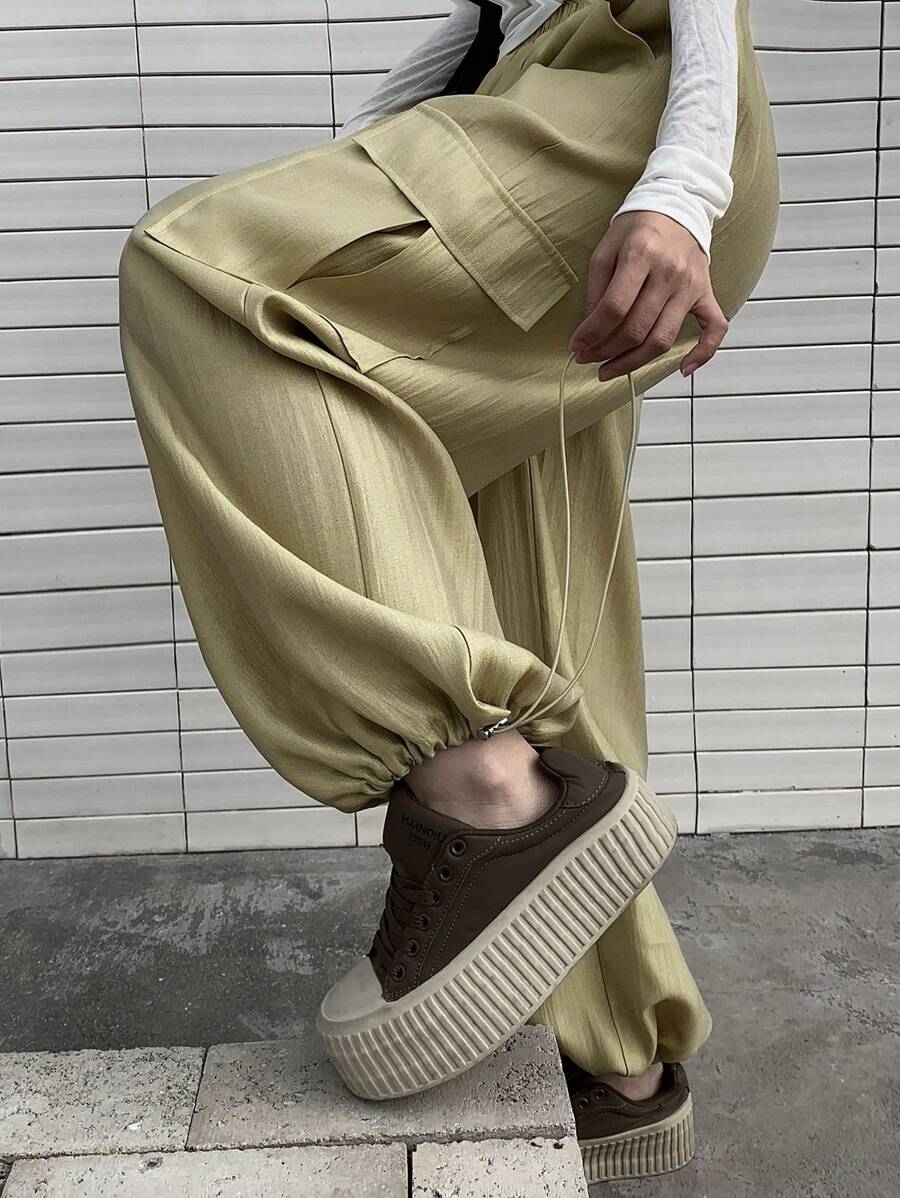 DAZY 女士高腰宽松口袋抽绳哈伦裤，休闲阔腿百搭长裤，春夏