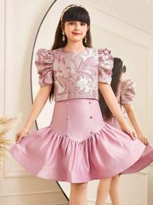 SHEIN Leap Crew 2pcs Tween Girl Set: Elegant Round Neck Gigot Sleeve Blouse And Fish Tail Skirt - Pink - View 1