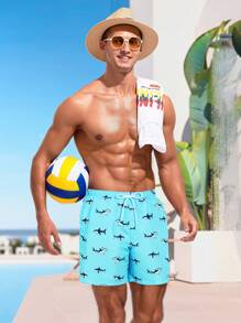 Manfinity Swimmode Shorts informales de playa con estampado total y cierre delantero para hombres, estilo de vacaciones sencillo, hawaiano