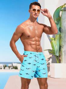 Manfinity Swimmode Shorts informales de playa con estampado total y cierre delantero para hombres, estilo de vacaciones sencillo, hawaiano