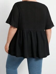 SHEIN CURVE+ 大码女式休闲华夫格针织荷叶边袖黑色 T 恤 - 黑色 - 查看 2