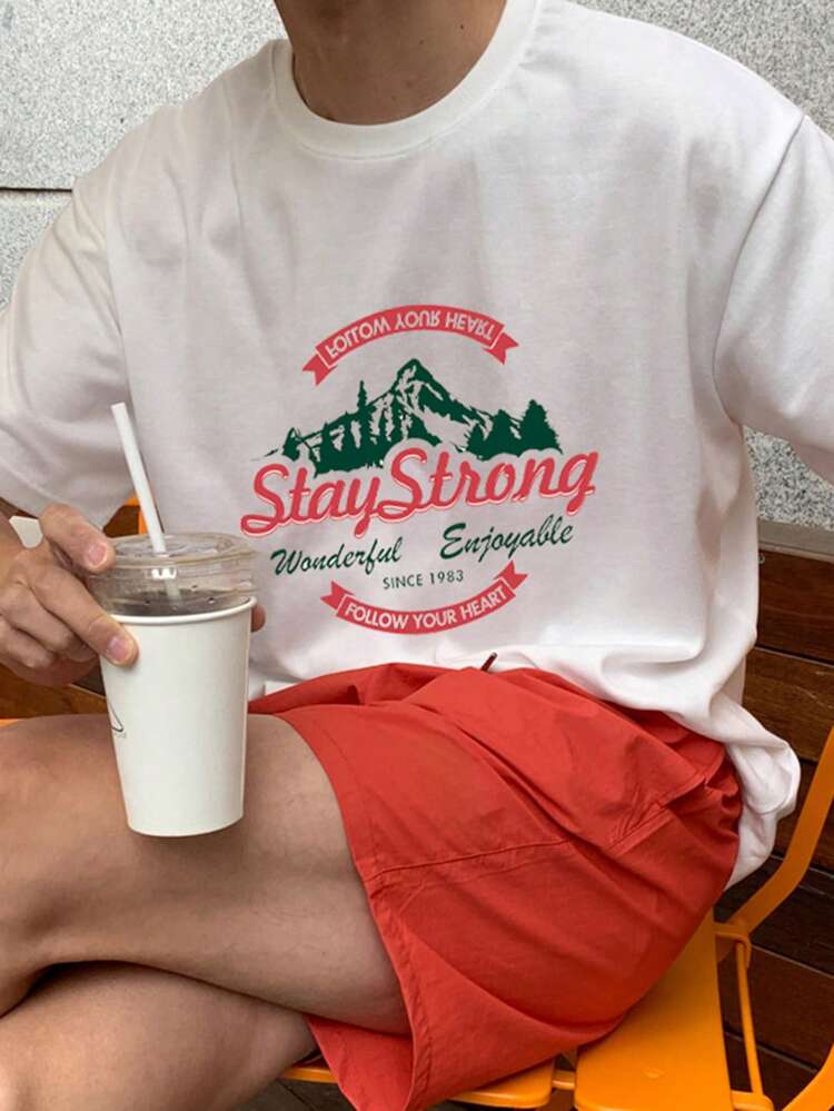 Summer Men's White T-Shirt With Mountain Peak Letter Graphic Print For Camping