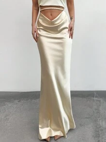 SHEIN Privé Nueva falda larga plisada de cintura de silueta de sirena con cuello en U color albaricoque, elegante y romántica para citas, primavera/verano
