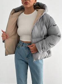 EURMUSE Women Front Zipper Long Sleeve Pocket Simple Design Hooded Winter Jacket - Light Grey - View 3