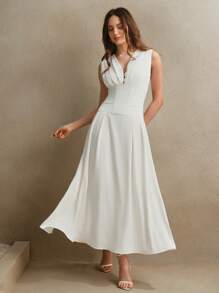 Anewsta 优雅白色编织无袖 V 领收腰夏季女士连衣裙，时尚、节日、度假装 - 白色 - 查看 4