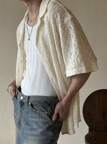 DAZY Men's Geometric Pattern Textured Fabric Apricot Color Casual Beach Vacation Shirt, Summer