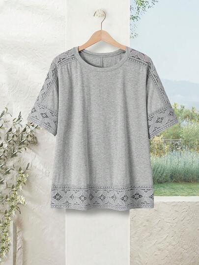 Rusticease Plus Size Women's Country Grey Lace Patchwork Short Sleeve T-Shirt,Summer Tops,St Patrick Day,Summer For Women,Vacation Woman,Casual Everyday Wear,Spring