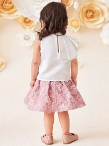 SHEIN 2 件装女婴休闲立领不对称荷叶边下摆无袖上衣和提花裙子套装 - 粉色 - 查看 3