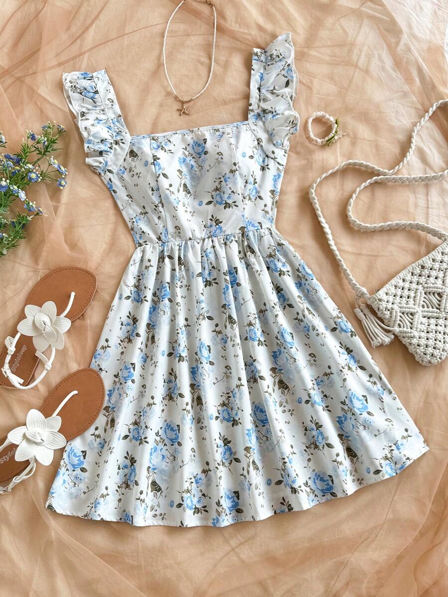 Soleia Women's Floral All Over Print Sleeveless Simple Elegant Dress - Blue - View 1