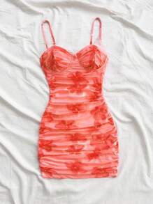 Soleia Women's Vacation Rose Pink Mesh Printed Ruched Camisole Mini Dress, Can Be Worn Internally Or Externally, Autumn Clothing - Coral Orange - View 3