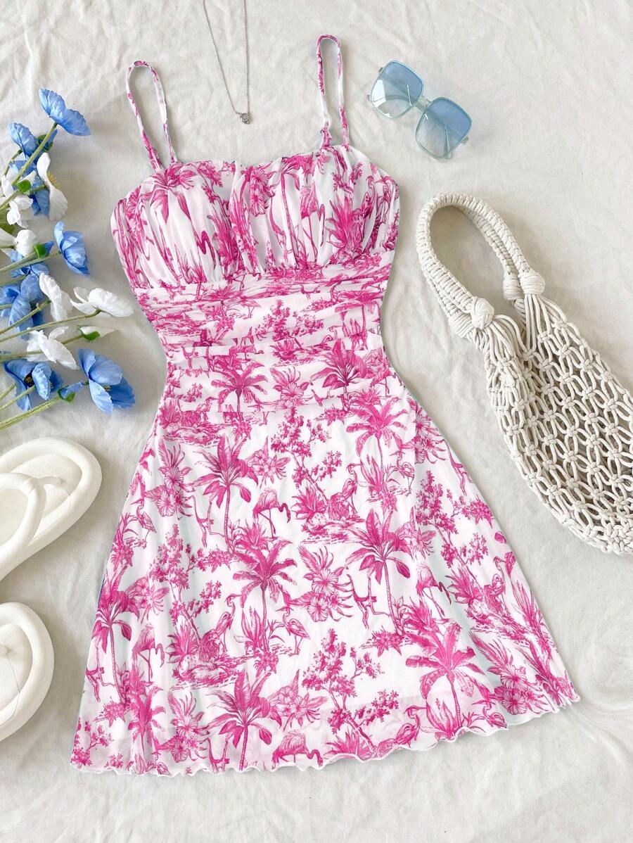 Soleia 女士度假针织网眼蓝白印花迷你连衣裙，胸部收褶，A 字廓形，合身腰部，适合秋冬季分层穿着 - 玫紅色 - 查看 1