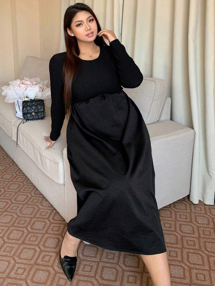 Dazy Petite Plus Long Sleeve Dress With Fabric Patchwork, Round Neck, Waist Cinched, Black, Spring Autumn