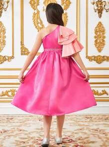 SHEIN Tween Girls Elegant Contrast Color Ruffle Waist Rhinestone Embellished Asymmetrical Shoulder Dress, Flower Girl Dress - Hot Pink - View 3