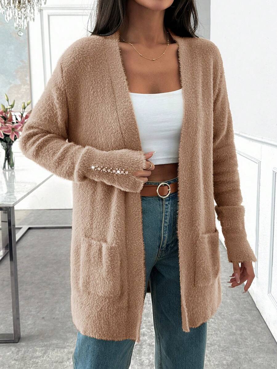 EURMUSE Women Solid Color Hairy Yarn Open Front Pocket Detailed Drop Shoulder Cardigan - Brown - View 1