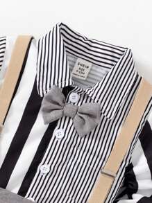 SHEIN Camisa de manga larga a rayas con pantalones cortos tipo tirantes para niños con estilo de caballero, que muestra un aspecto elegante y distinguido. Esta camisa de manga larga combina elementos a rayas y de cuadros, única y de moda. - Multicolor - Ver 6