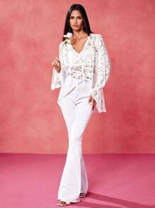 Oxana Blusa holgada de mujer con escote en V de encaje transparente, bajo asimétrico, estilo bohemio, ideal para verano, salidas, festivales, playa, conciertos, vacaciones, uso casual y de oficina, estilo occidental, boho, ropa de calle