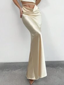 SHEIN Privé Nueva falda larga plisada de cintura de silueta de sirena con cuello en U color albaricoque, elegante y romántica para citas, primavera/verano