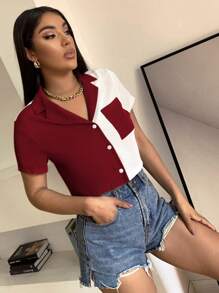 Zolique Women's Red And White Cropped Button Up Shirt With Contrast Pocket Detail
