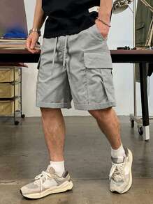 Manfinity LEGND Loose Fit Men's Flap Pocket Drawstring Waist Cargo Shorts - Light Grey - View 1