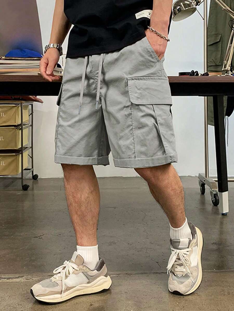 Manfinity LEGND Loose Fit Men's Flap Pocket Drawstring Waist Cargo Shorts - Light Grey - View 1