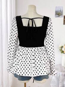 Flirla Plus Size French Style Square Neck 2 In 1 Lace-Up Long Sleeve Frill Trim Shirt For Women Fall Cloth For Women - Multicolor - View 2