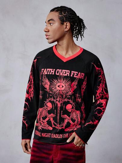 Herren Gothic Mode Totenkopf & Slogan Muster T-Shirt, Halloween