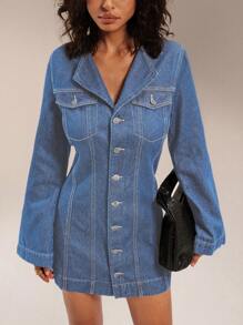 SHEIN Forever 21 秋冬新款领口收腰 A 字形洗水牛仔长袖连衣裙 - 淺色水洗藍 - 查看 4