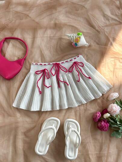 Soleia 甜美拼色蝴蝶结装饰针织上衣和 A 字裙 2 件套，适合节日、约会、情人节、下午茶