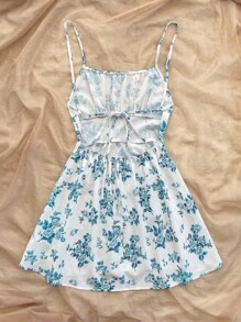 Soleia Váy ngắn chữ A hở lưng in hoa xanh trắng cho nữ, thích hợp mặc ngày lễ, tiệc tùng, mặc lót thu/đông - màu xanh lá - Xem 2