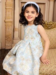 SHEIN Young Girl Eid Mubarak Gorgeous Light Blue Jacquard Sleeveless Round Neck Princess Mini Dress, Suitable For Performance, Wedding, Seasonal, Party & Birthday, For Summer Wear - Blue - View 5